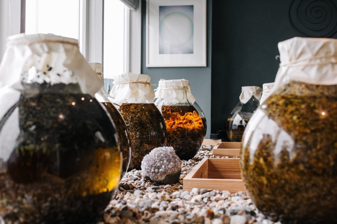 Infusion room with apothecary jars, macerating organic oils and herbs in the sunlight at Inlight Beauty, Helston, Cornwall, UK