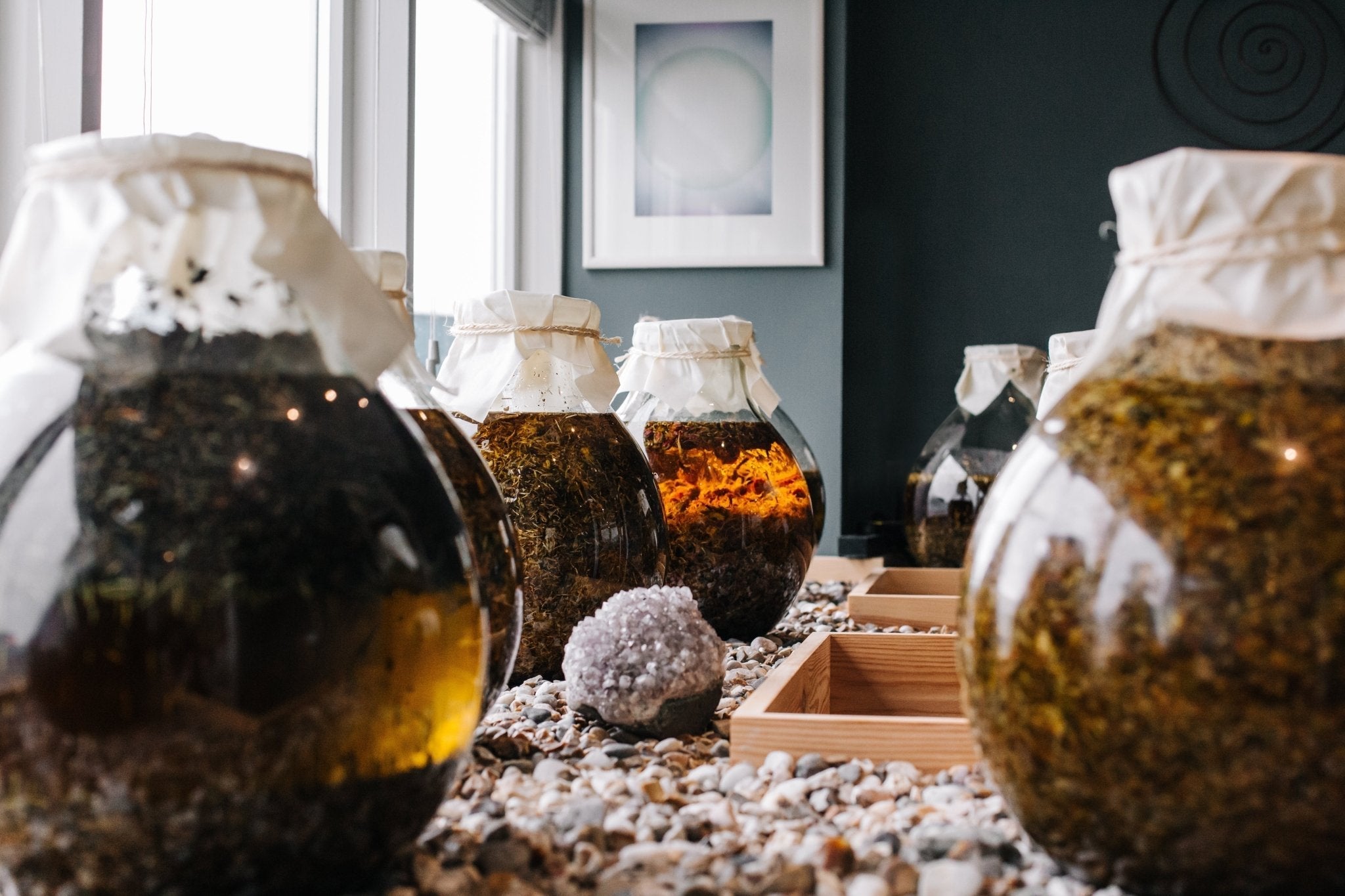 Infusion room with apothecary jars, macerating organic oils and herbs in the sunlight at Inlight Beauty, Helston, Cornwall, UK