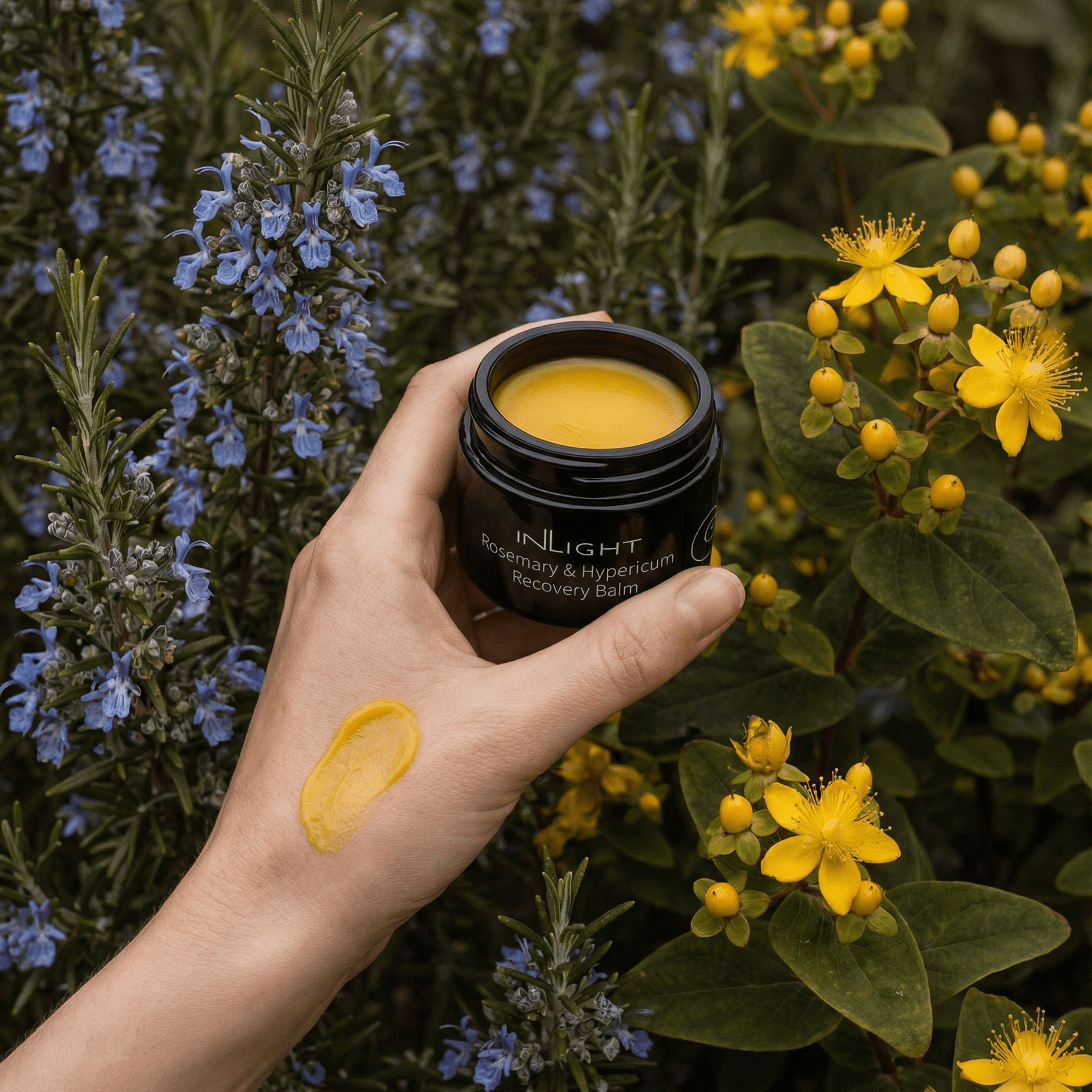 A hand holds an open black jar of Inlight Beauty organic ointment for muscle ache. Rosemary and Hypericum recovery balm. Showing yellow cream inside and a swatch of the product on the back of the hand, set against a background of green leaves and yellow flowers.