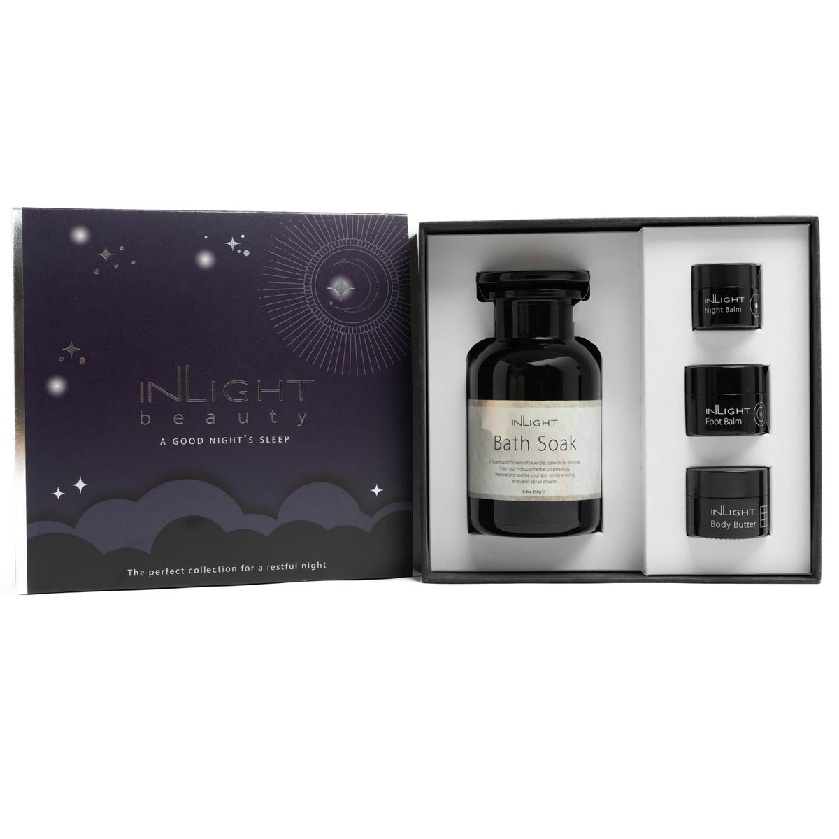 Inlight beauty bath soak set with packaging on a white background
