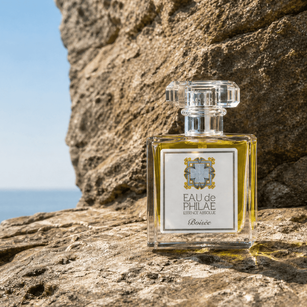 A square glass perfume bottle placed on a rocky surface outdoors with a blue sky and sea in the background. Eau De Phile Boisee organic perfume for men, sold by Inlight Beauty