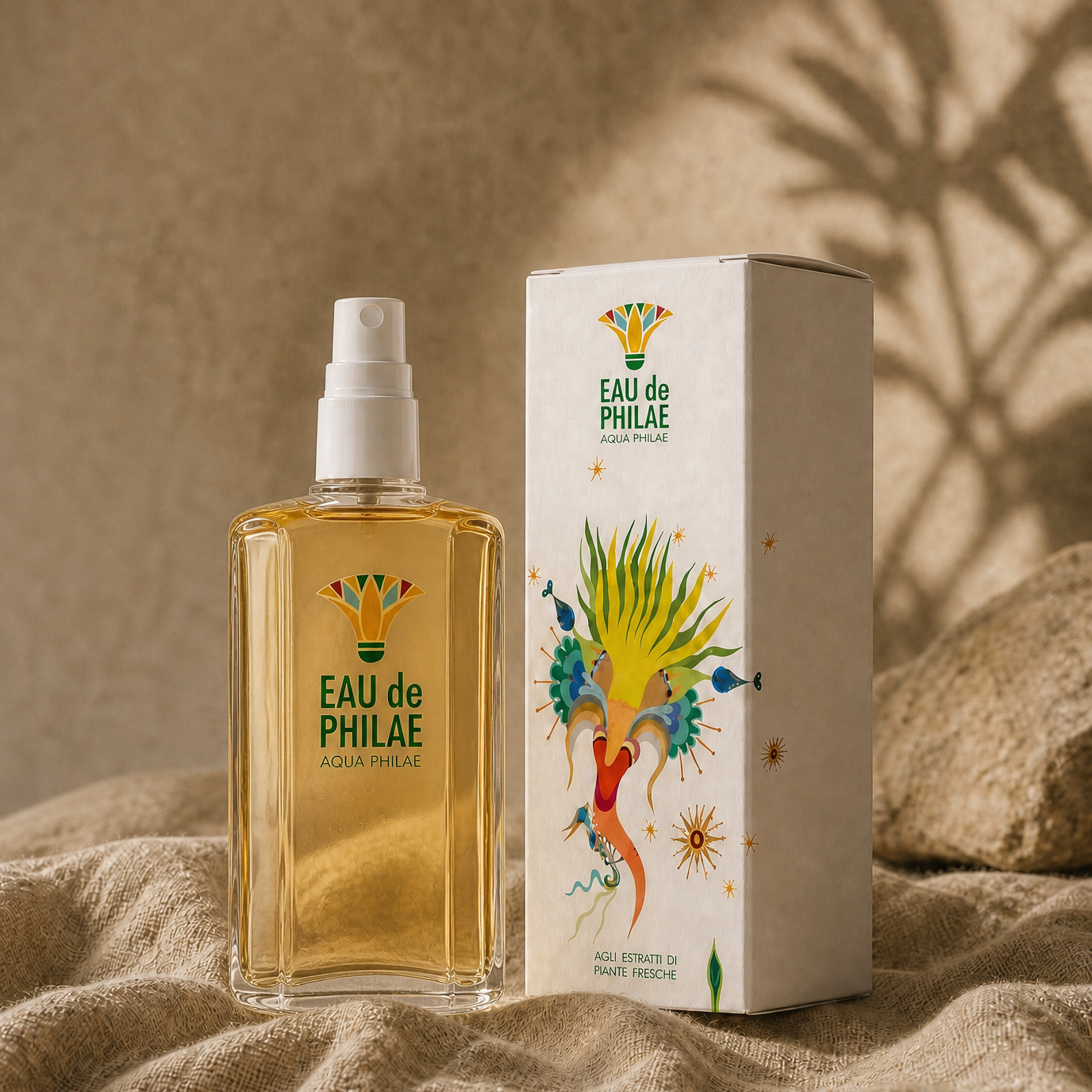 A bottle of Eau de Philae perfume spray with a white spray top stands next to its white product box, both featuring colorful illustrations of a bird and the brand name, set on a textured beige fabric with warm shadow overlays.