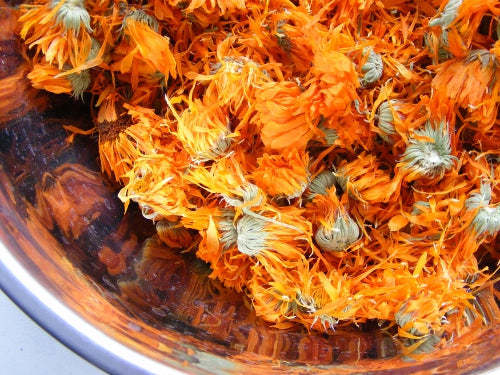 Dried Organic Calendula in aluminium bowl. Raw skincare ingredients