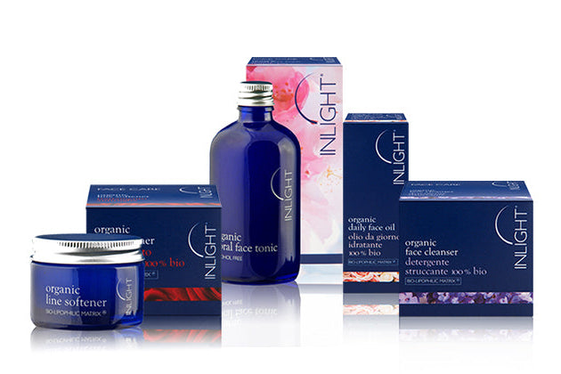 OLD Inlight beauty blue jards and bottle. Organic skincare, celebrating 20 years of heritage