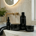 Inlight day and night bundle set featuring certified organic skincare in miron glass bottle with grey organic muslin cloth